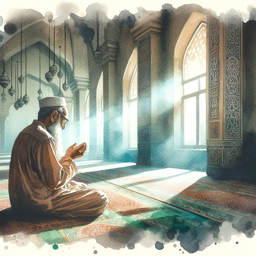 A Muslim man raising his hands in dua, reflecting deep emotional connection and a sincere desire to feel closer to Allah in daily life.