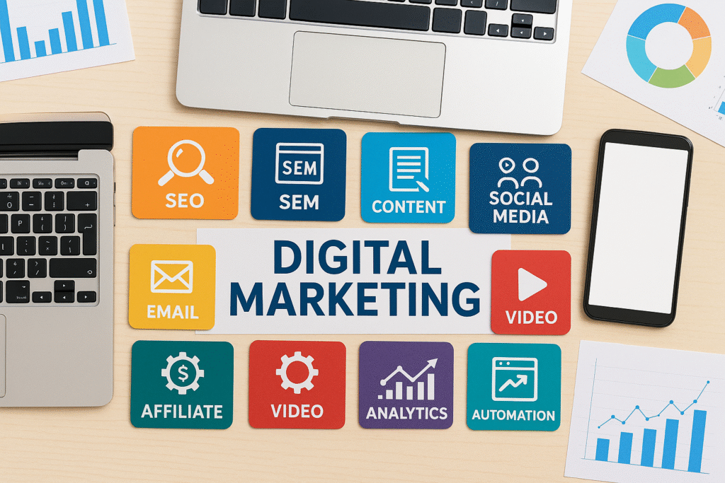 Flat lay image of a workspace showing digital marketing skills such as SEO, SEM, content marketing, social media, email, affiliate, video, analytics, and automation with a laptop, smartphone, and graphs.