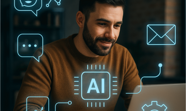 Small business owner using AI technology on laptop with digital automation icons, symbolizing smart business growth in 2025.