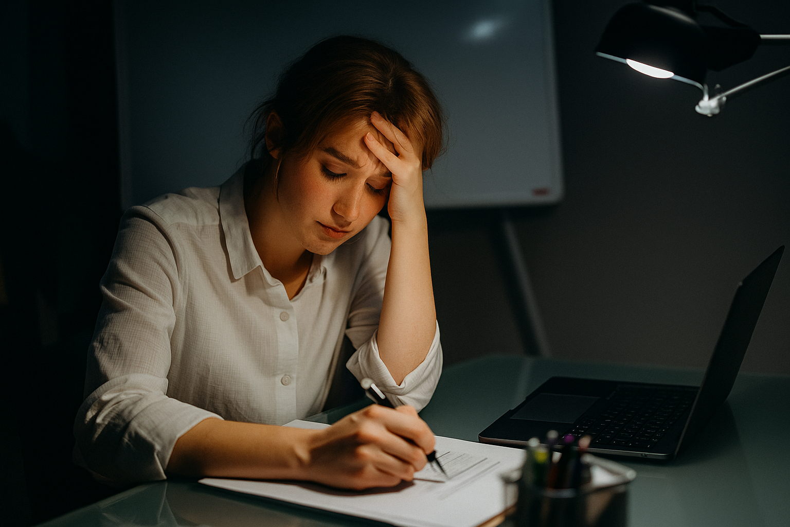 A young woman in office attire sits at a desk looking stressed and overwhelmed, holding her head with one hand while working late on her laptop—symbolizing how startups fail due to burnout and pressure.