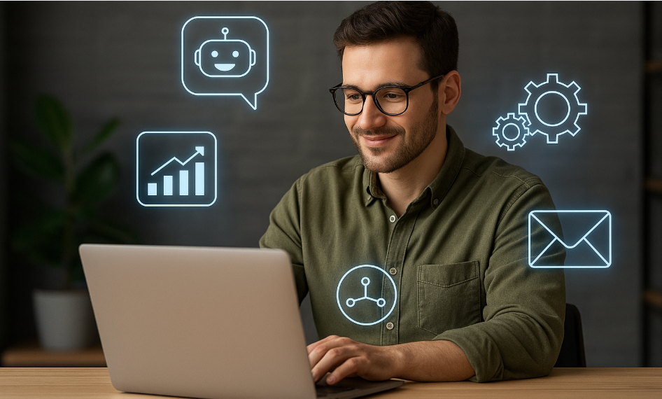 Young small business owner using AI tools on a laptop, surrounded by digital icons representing automation, analytics, and chatbot features in a modern small businesses workspace.