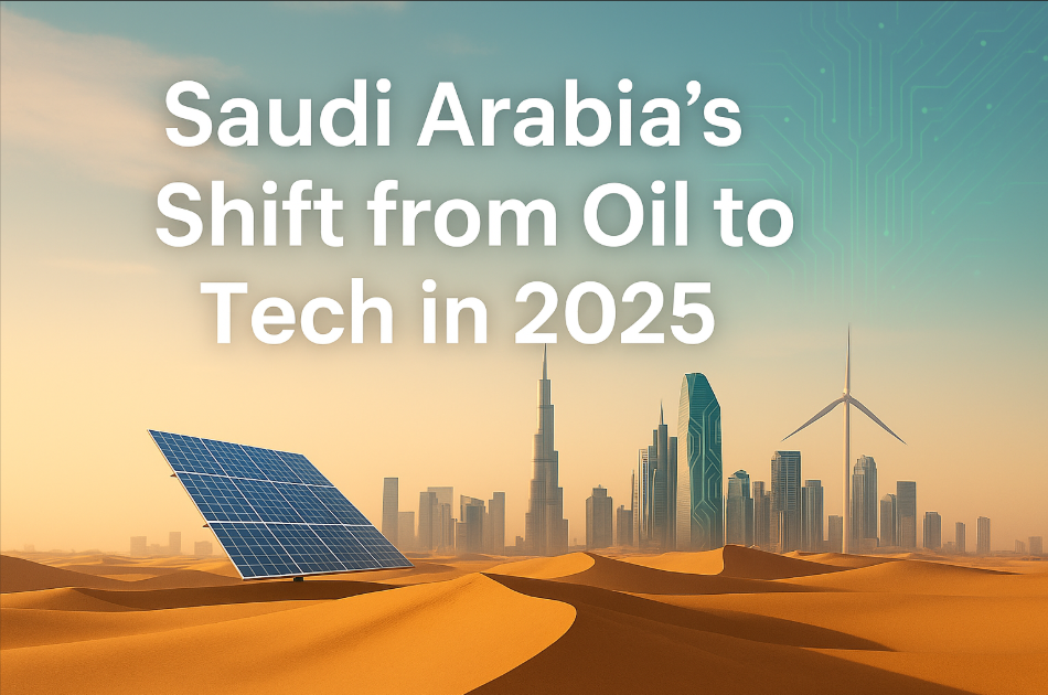 Futuristic Saudi Arabian city skyline with solar panels and wind turbines on desert sand, symbolizing the Kingdom’s shift from oil to technology by 2025.
