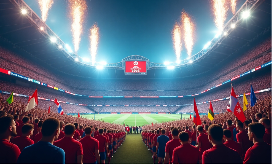 Football teams entering a packed stadium under bright lights with fireworks above, fans waving international flags, and a large “FIFA Club World Cup 2025” display on the screen.