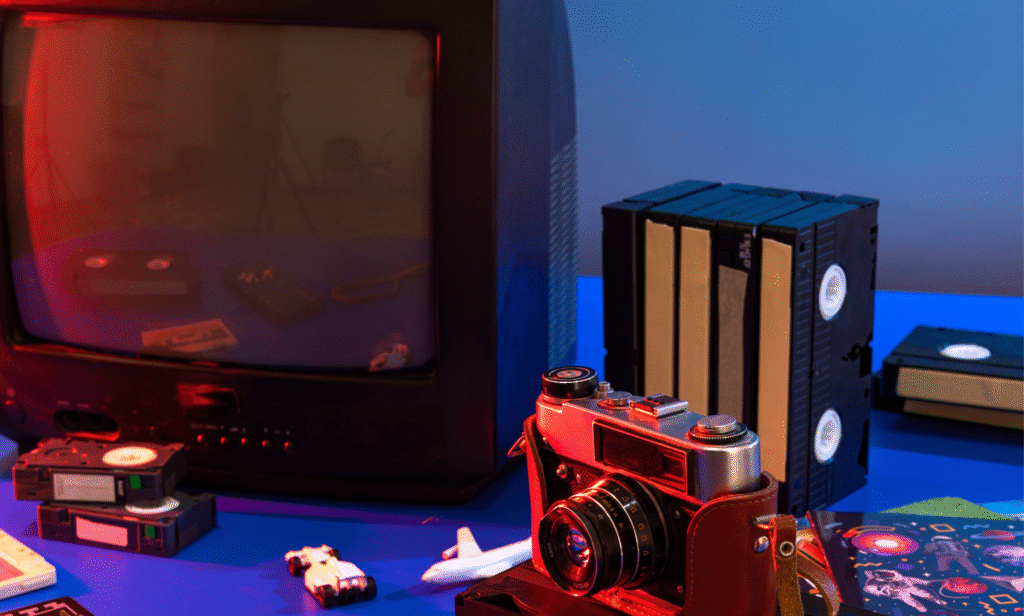 A vibrant collage of film reels, music notes, a microphone, and a television screen symbolizing modern entertainment and media industries.”