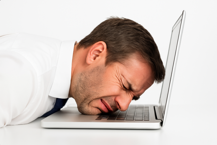 A stressed man in office clothes facing startup burnout, symbolizing how startups fail due to exhaustion and pressure, head down on a laptop in a realistic photo.