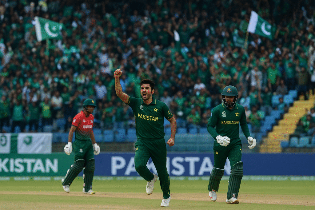 Pakistan Shaheens vs Bangladesh A 2025 cricket match in Lahore, with young players in action on the field and fans cheering in the stands.