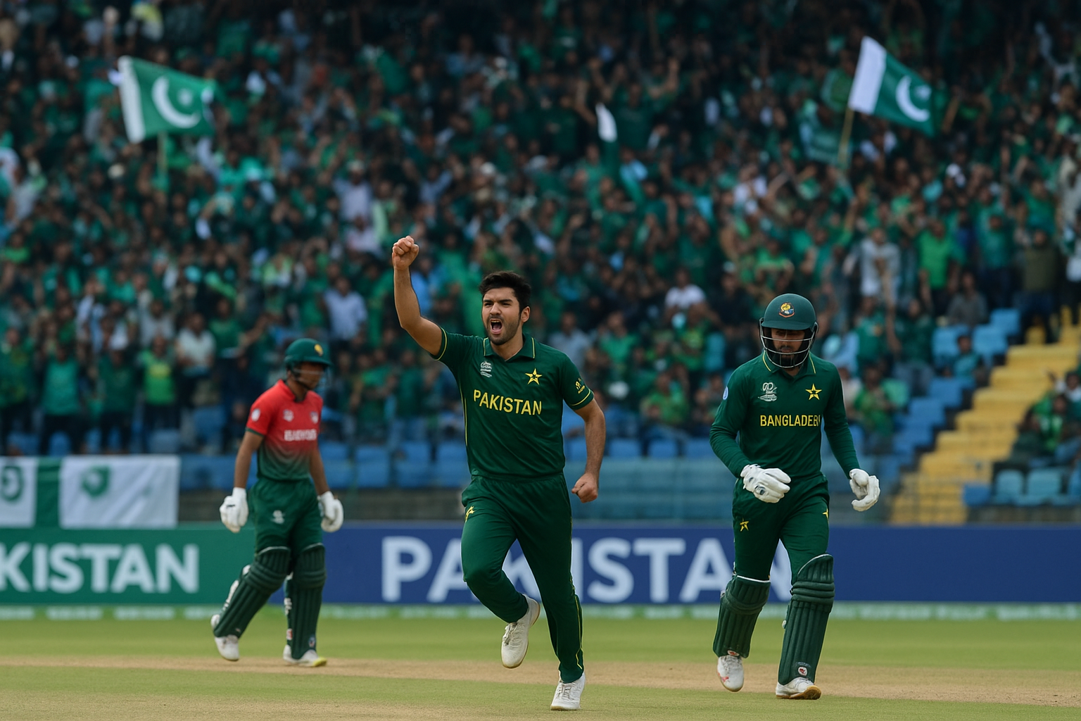 Pakistan Shaheens vs Bangladesh A 2025 cricket match in Lahore, with young players in action on the field and fans cheering in the stands.