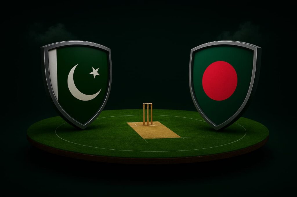 Two shield emblems of Pakistan and Bangladesh face each other on a cricket pitch, with stumps in the center. The dark background adds a bold, dramatic look.