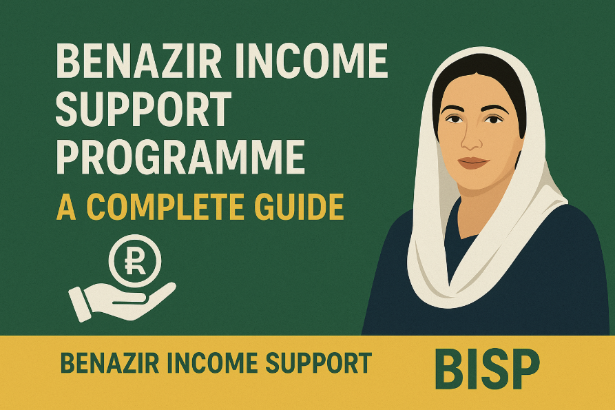 Illustration of Benazir Bhutto with text highlighting 'Benazir Income Support Programme – A Complete Guide,' featuring a hand holding a rupee symbol on a green and yellow background.