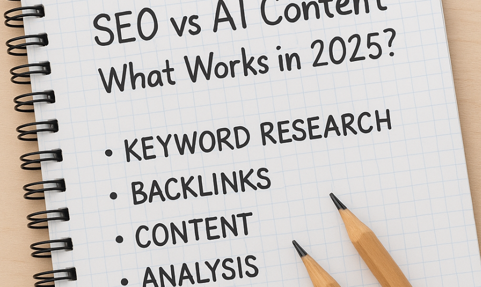 A spiral-bound notebook with graph paper lies on a wooden desk, showing the handwritten title “SEO vs AI Content – What Works in 2025?” along with a bulleted list of terms: Keyword Research, Backlinks, Content, and Analysis. Two wooden pencils rest on the notebook, and part of a white computer keyboard is visible at the top.