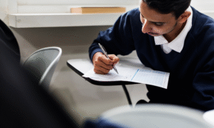 A focused student taking a traditional written exam in a classroom setting