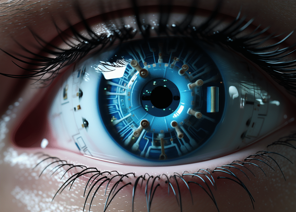close up of a robotic eye opening with glowing digital circuit and futuristic AI