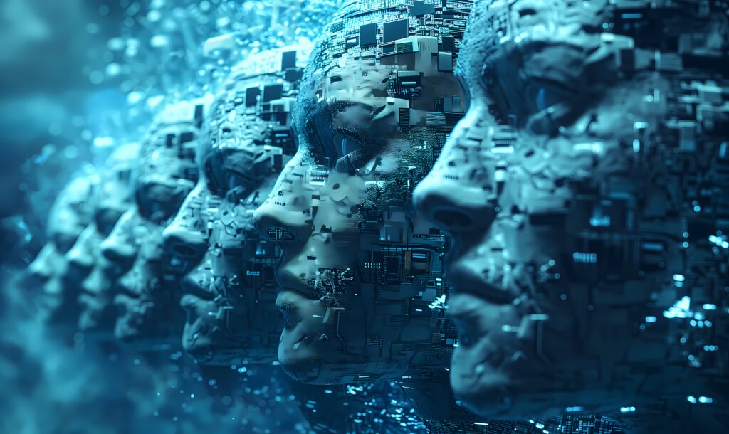 AI technology concept showing many futuristic brain, glowing data